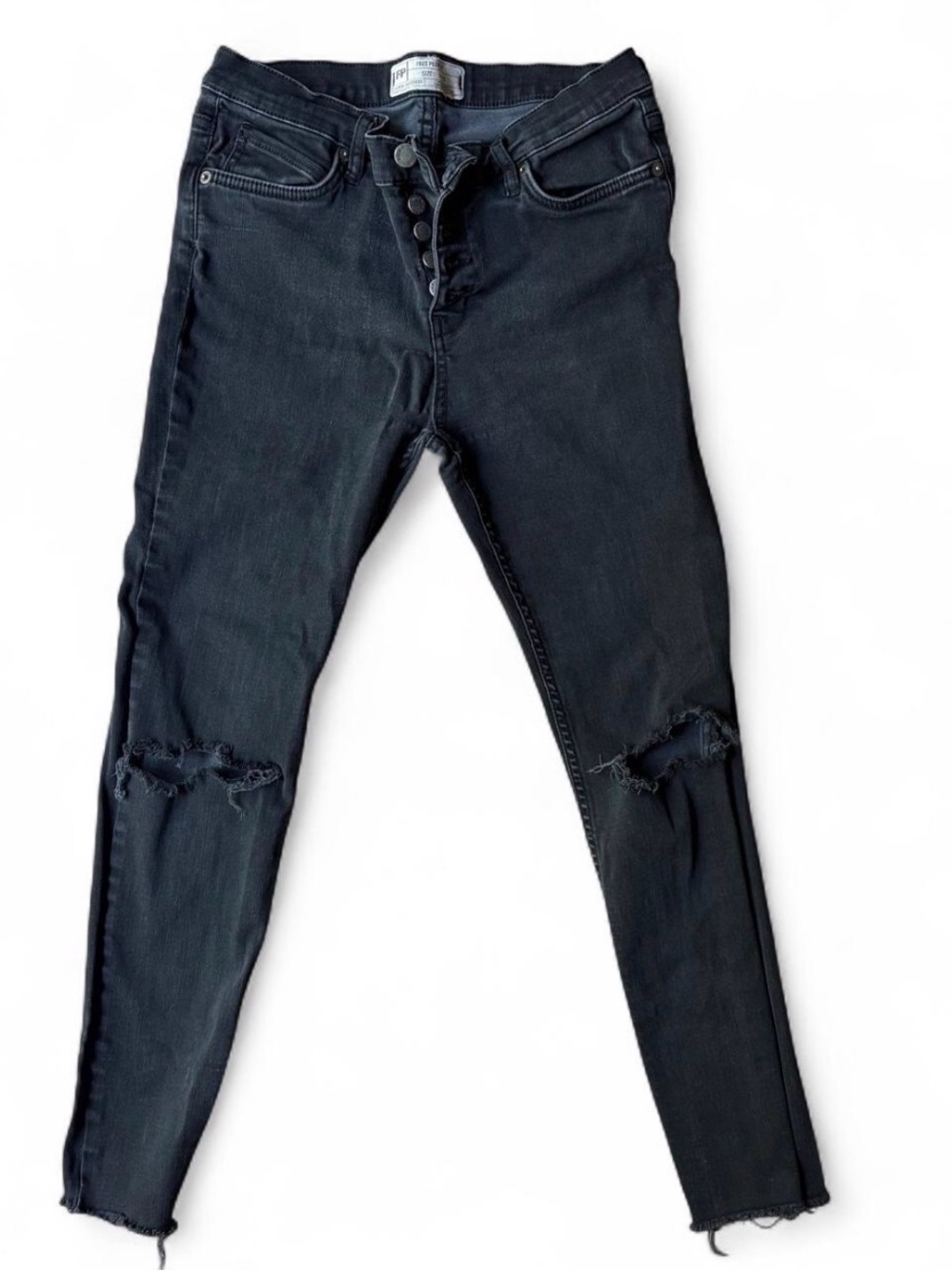 Free People Black Distressed Skinny Jeans Button Fly Hi Rise Size 29